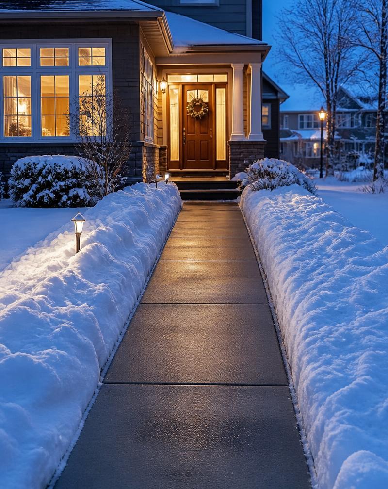 A residential front walkway cleared of deep snow leading to a warmly lit front door