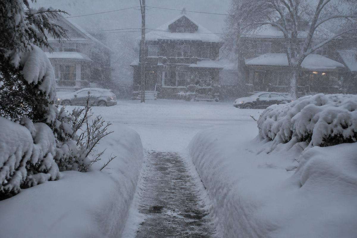 A residential street during a heavy snowstorm with a partially cleared front path